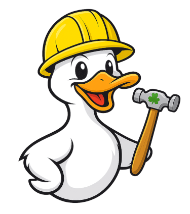 Lucky Duck Roofing company logo featuring a white duck in a hard hat licensed roofing contractor i