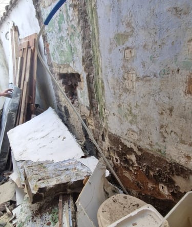 Mur extérieur très dégradé avant rénovation, avec enduit effrité, moisissures et gravats au sol.