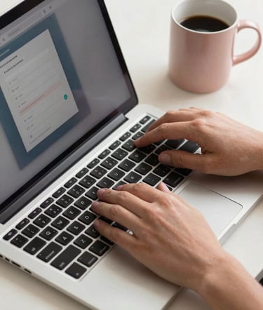 A high-angle photograph of a person's hands neatly organizing digital files on a modern laptop screen, set against a soft off-white desk with a muted rose pink coffee mug.