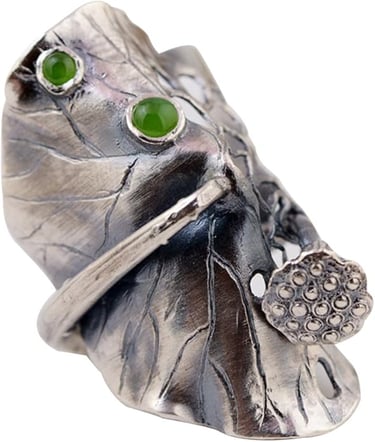 Brutalist Large 990 Sterling Silver Lotus Leaf Wrap Ring with Natural Green Jade