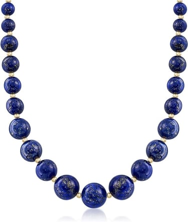 Egyptian Revival jewelry Lapis lazuli beaded blue necklace. 14k gold