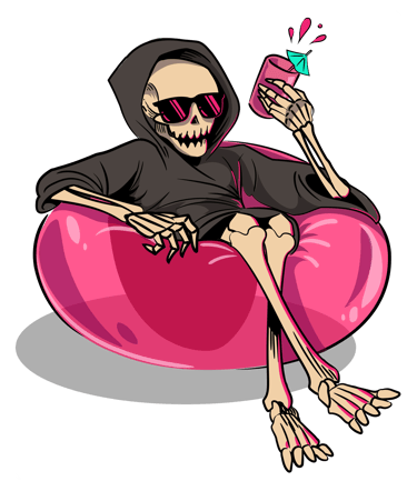 Grim reaper skeleton in sunglasses relaxing in a pink bean bag chair with a summer cocktail.