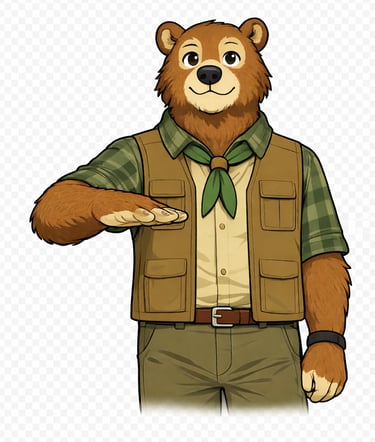 A bear scout leader holding one hand low and flat with the palm facing downward.