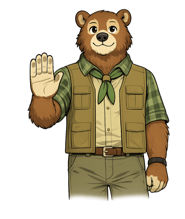 A bear scout leader holding one hand up with the palm facing outward to signal stop.