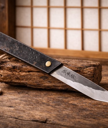 Traditional Japanese Kiridashi craft knife on a rustic wood block in a serene setting.