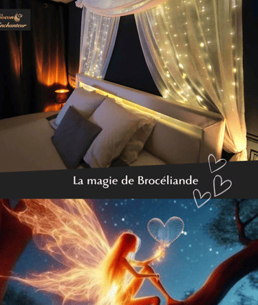 dessin d'une fée de broceliande et du lit de la love room le cocon enchanteur