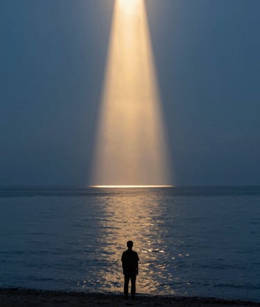 A quiet silhouette of a person standing at the edge of a calm ocean at golden hour, a single vertical beam of solar light piercing the sky, minimalist.