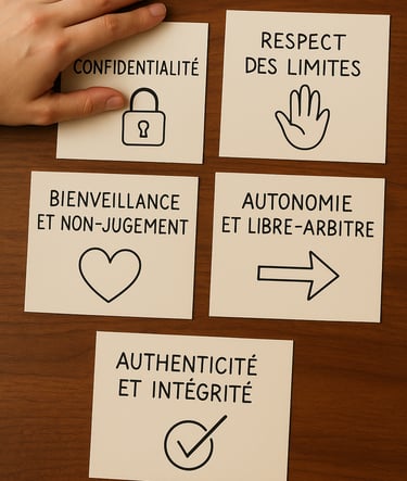 une main tenant un morceau de 5 papiers avec les 5 engagements de Focus Stress