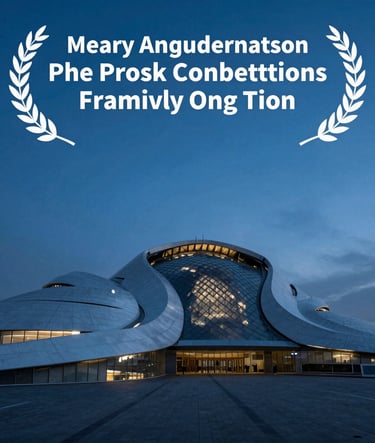 A cinematic, wide-angle landscape photograph featuring a modern architectural building at dusk, with deep steel blue sky and sharp misty highlights.