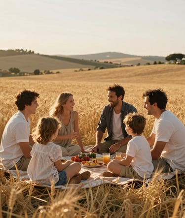Lifestyle photography of a family of four having a spontaneous picnic in a golden wheat field, warm afternoon sunlight, Southern European / Italian countryside, candid laughter and authentic interaction.