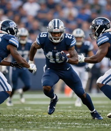 A wide cinematic shot of a running back breaking through a defensive line. The image captures the grit and determination of the sport with blurred motion in the background. The color palette emphasizes deep blues (#1C2B3A) and professional lighting.