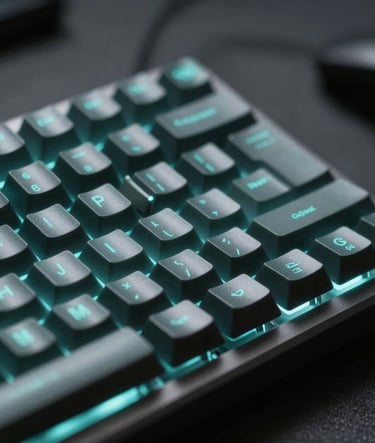 A macro photograph focusing on a backlit mechanical keyboard with teal lighting. The background is a blurred dark gray studio environment, suggesting a professional, tech-savvy setting for a Global / Digital Professional.