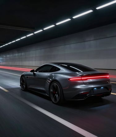 A wide cinematic frame featuring a sleek, charcoal gray concept car moving through a dark urban tunnel. Long exposure captures vivid deep red light streaks from the taillights against a deep black background. The mood is high-speed and sophisticated.