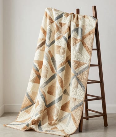 A wide-angle, professional photograph of a large quilt titled 'Coastal Breeze' draped elegantly over a minimal dark espresso wooden ladder. The quilt features geometric patterns in muted sand and soft cream. The setting is a bright, airy studio with clean lines and sophisticated modern decor.