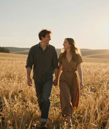 An authentic, sun-drenched portrait of a couple walking through a golden meadow in the late afternoon, North American / US landscape. They are laughing naturally, dressed in charcoal and soft brown tones, warm cinematic lighting with a soft lens flare.