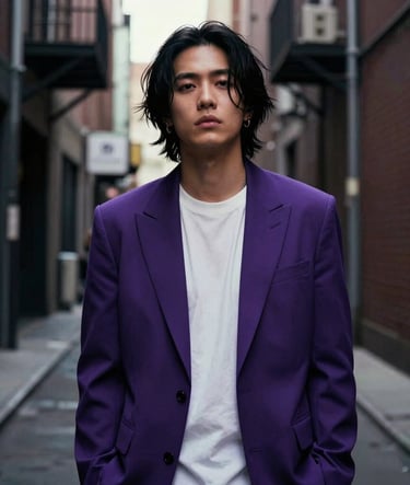 An edgy and modern portrait of a music artist with a mysterious vibe, standing in a dimly lit alleyway in a major US city. The lighting is cinematic, using deep purple and off-white highlights to create a sophisticated, slightly gritty look.