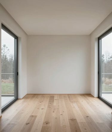 A minimalist architectural shot of a modern Canadian home interior, featuring clean lines, natural wood elements, and large windows that let in soft light. The composition emphasizes negative space and Japandi design aesthetics with an off-white and light warm grey color palette.