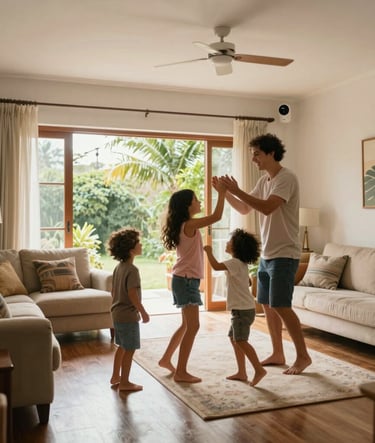 A cinematic shot of a happy family playing in a bright, sun-drenched South American / Brazilian living room. In the background, a discrete security camera is visible, symbolizing protection without intrusion.