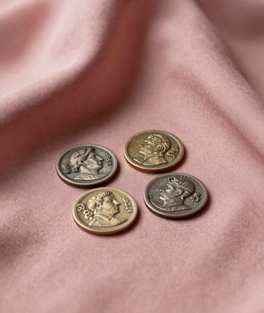 A minimalist still life of ancient coins resting on a dusty rose sunset silk fabric, soft studio lighting, feminine and scholarly aesthetic, International / Western museum exhibit style.