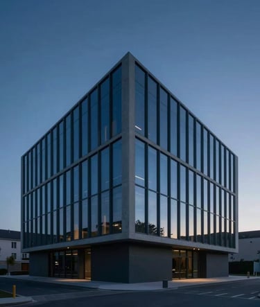 A wide, low-angle shot of a minimalist architectural building in Bordeaux at twilight. The scene is lit with deep blue hues (#2C3E50) and soft grey shadows (#95A5A6). The composition is symmetrical and clean, reflecting a high-end cinematic aesthetic.