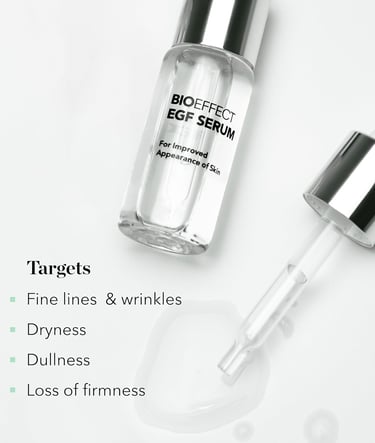 BIOEFFECT EGF Serum bottle and dropper for anti-aging skin care, targeting fine lines and wrinkles.