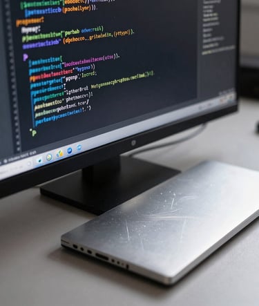 Close-up macro photography of a high-resolution computer monitor displaying lines of Python script. The light from the screen reflects off a polished silver slate surface. The atmosphere is professional, clean, and highlights precision.