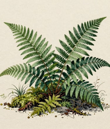 A vertical composition of an intricate hand-drawn botanical scene featuring ferns and moss, created with dark forest green ink on thick, textured cream paper.