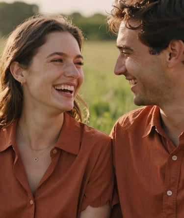 A close-up, candid shot of a couple laughing together in a sun-drenched meadow. Warm terracotta tones in the background greenery. The lighting is soft and golden, highlighting the authentic joy on their faces. Refined elegance in their simple, high-quality attire.