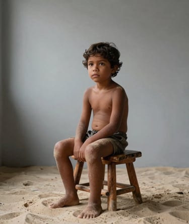 A South American / Brazilian child sitting on a rustic wooden stool against a Silver Sand grey wall. Minimalist composition, focused on the child's natural expression. Natural light from a side window, professional studio setting.