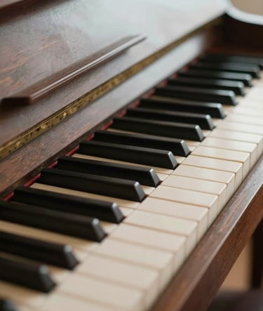 Close-up of piano keys in a vintage studio. The wood of the piano is a muted brown. Soft focus on the keys against a soft off-white light, creating a sense of history and depth.