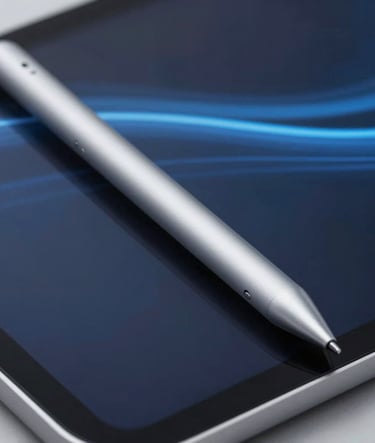 Macro shot of a high-tech stylus and tablet, sleek and sophisticated, with blue motion trails in the background, utilizing #4A6B8A and #d4d4d4 highlights.
