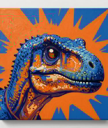 A large canvas showing a close-up of a dinosaur's eye in a pop-art explosion of #D87D51 orange and #1F3A4B blue. The lighting is bright and even, highlighting the texture of the acrylic paint.