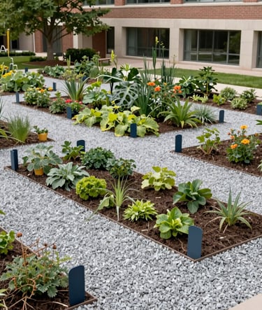A wide-angle landscape shot of a lush, organized community garden with Silver Grey gravel paths and Muted Navy plant markers in a North American / US university courtyard. Clean, modern aesthetic with bright, natural lighting.