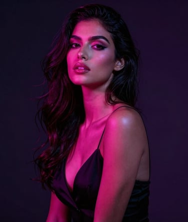 Seductive studio portrait of an elite Latina model posing elegantly in a premium dark-mode environment. Moody, dramatic lighting with electrifying neon pink and deep violet highlights on her face and shoulders. Elegant attire, luxurious global aesthetic, high fashion editorial photography style, Latin American / Global.