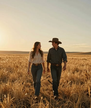 A candid, cinematic wide shot of a couple walking through a Western / Global golden field at sunset, warm almond and charcoal tones in their attire, sun-drenched lens flare.