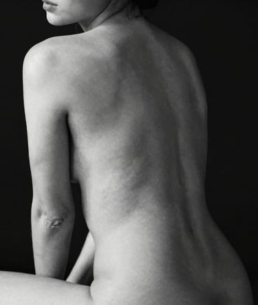 A high-contrast black and white art nude study of a seated form, showing the elegant silhouette of the shoulders and spine. The background is a solid deep black. Lighting is dramatic and minimalist, highlighting the form in off-white tones. Professional North American / US photography style.