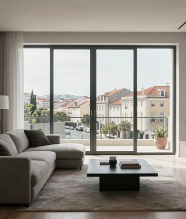 Interior shot of a modern living room in Lisbon. Floor-to-ceiling windows showing a bright European day. Minimalist furniture in Slate grey and Off-white. The atmosphere is calm, elegant, and uncluttered.