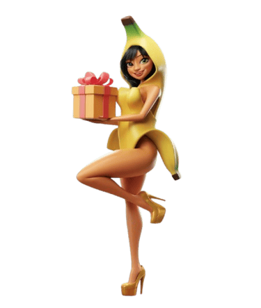 a woman in a banana peely costume holding a present