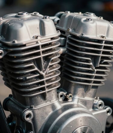 A tight macro shot of a motorcycle engine cylinder and cooling fins, showing oil textures and mechanical grit. High contrast photography with deep slate shadows and sharp soft off-white highlights.