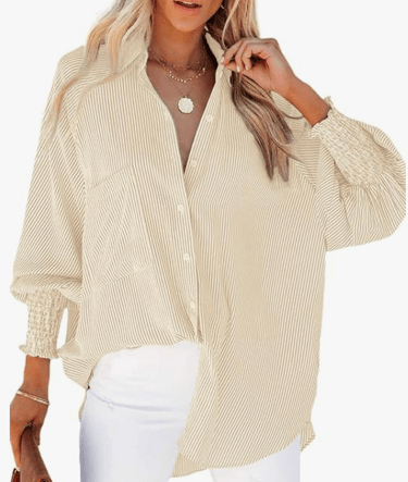light yellow collard shirt with cuffed sleaves that have rouching