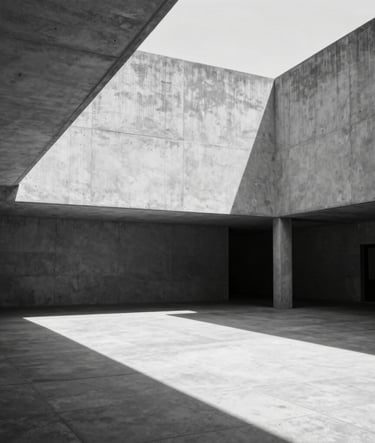 Architectural photography of the CCU UNAM in Mexico. Clean concrete lines, minimalist aesthetic, high contrast black and white. Dramatic sunlight creating long shadows on a quiet courtyard, empty and serene.