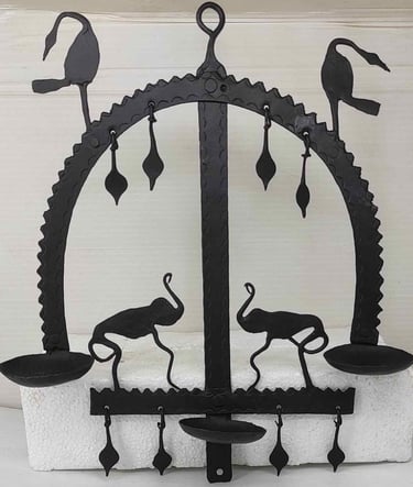 "Iron hanging oil lamp with handcrafted peacock motif–traditional decor-For overseas logistics"