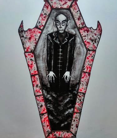 Vitrail, peinture sur verre, verre, Tiffany, vampire, cercueil, noir, rouge, gothique