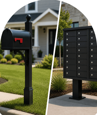 A black residential curbside mailbox and a secure cluster mailbox unit for multi-family housing.