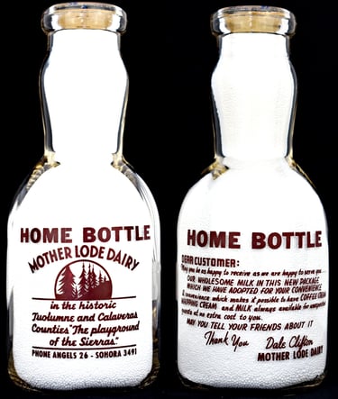 Mother Lode Dairy California milk bottle from Sonora California for sale.  Milk bottles for sale.