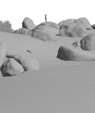 Em wireframe da viewport do Blender é possível ver a imagem contem uma paisagem de matagal próxima a