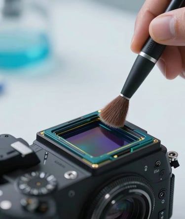 A professional macro shot of a modern full-frame mirrorless camera sensor being cleaned with a specialized swab. The composition is artistic and sharp, set in a bright North American technical lab with soft light blue and near white tones.