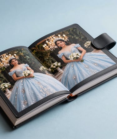 A professional close-up of a high-quality, charcoal black leather-bound photobook featuring photos of a quinceañera, resting on a soft light blue surface in a South American / Colombian studio.