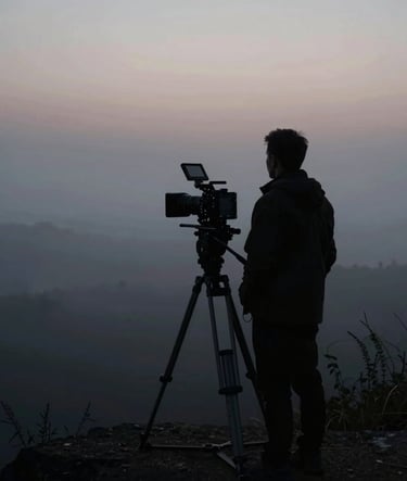 A wide cinematic shot of a filmmaker's silhouette behind a camera on a tripod, looking out over a foggy landscape at dawn. Deep tones of #2C3E50 and #0A0A0A dominate the scene. Elegant and contemplative atmosphere.