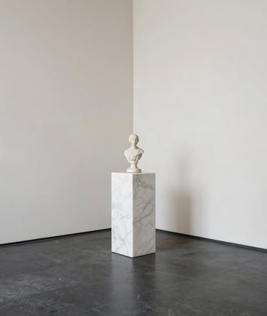 Wide-angle view of a minimalist gallery corner in Paris. A single white marble pedestal holds a refined art object. The floor is dark polished stone (#1A1A1A), and walls are off-white (#F9F7F0). Elegant, quiet luxury atmosphere.